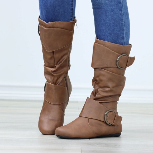 Flat Mid Calf Boots Synthetic Leather Buckles Round Toe Womens Casual Tan - Picture 10 of 16